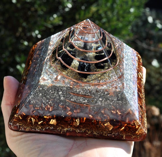 LARGE Orgonite® Pyramid with Quartz and black Tourmalines - EMF Harmonizer