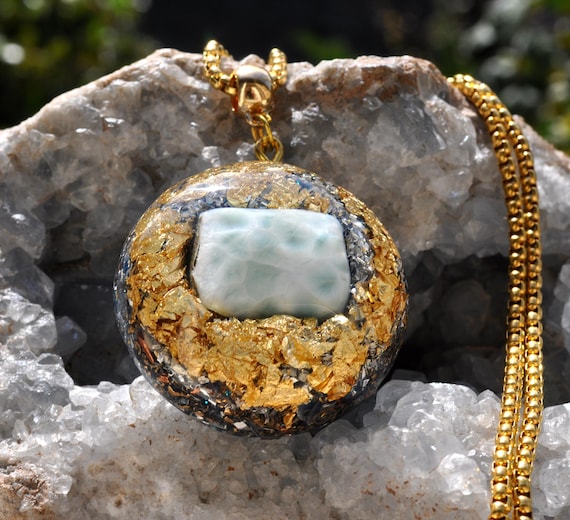 LARIMAR Orgonite® Necklace with 24k Gold - EMF Harmonizer Protection Pendant