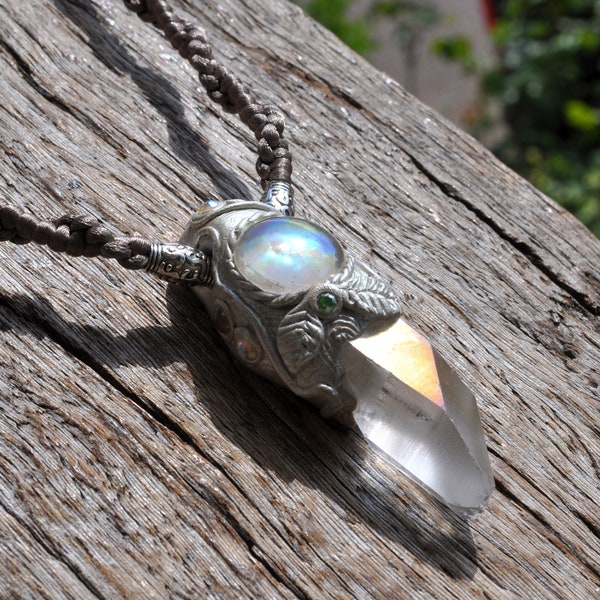 White ANGEL Aura Quartz with Rose Quartz Woodland pendant Necklace