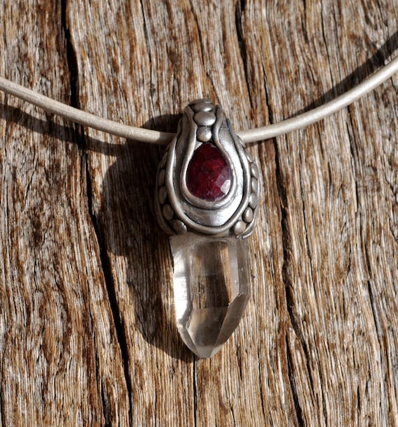 Clear Quartz Crystal Point with Red Ruby Pendant Necklace