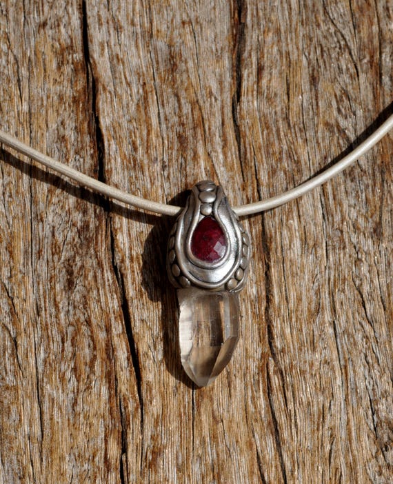 Clear Quartz Crystal Point with Red Ruby Pendant Necklace