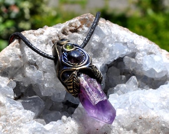 Raw Amethyst Point Pendant with Peridot - Gemstone Jewelry Hand sculpted One of a Kind