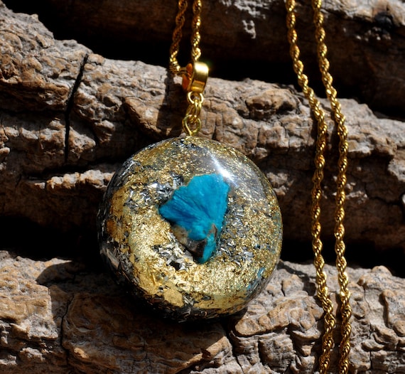 Rare CAVANSITE CLUSTER Orgonite® Pendant Necklace Unisex with 24k Gold