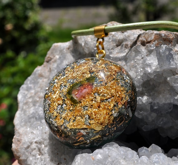 Watermelon TOURMALINE Orgonite® Pendant Necklace 24K gold Unisex