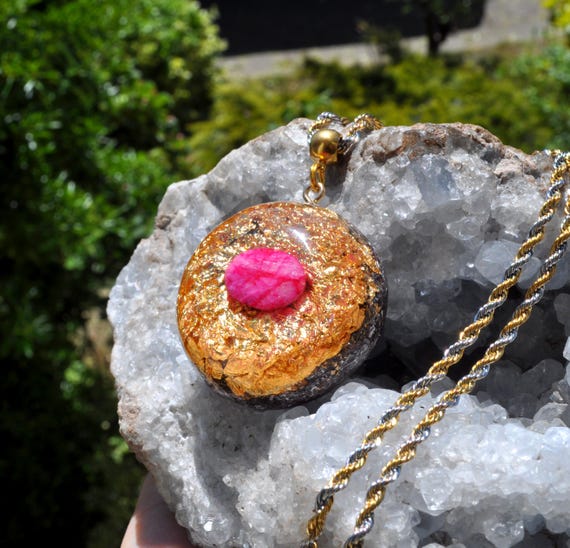 EMF Protection Ruby Orgonite® Pendant with 24k Gold