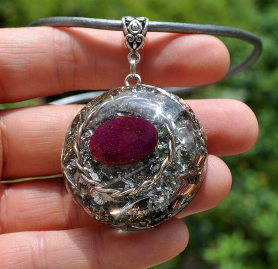 925 Silver TENSOR Ring Red Ruby Orgonite® Pendant EMF Cleanser Protection Necklace Unisex