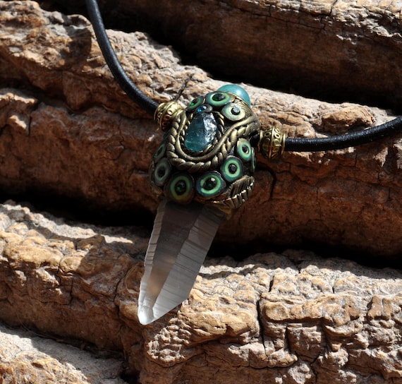 Lemurian Quartz  Crystal with Blue Apatite and Agate – Handcrafted Crystal Necklace