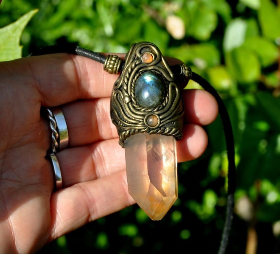 TANGERINE QUARTZ CRYSTAL with Labradorite Pendant Necklace Handsculpted Clay Unisex