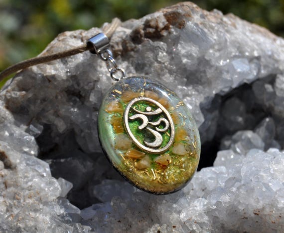 Orange Calcite with AUM Orgonite® Orgone Pendant Necklace Oval UNISEX