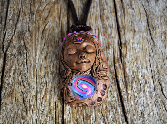 Goddess Pendant with Amethyst and UV Blacklight Details Handmade Clay Unique Original - Free Delivery !