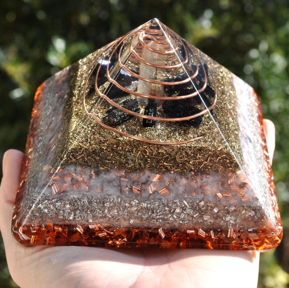 LARGE Orgonite® Pyramid with Quartz and black Tourmalines - EMF Harmonizer