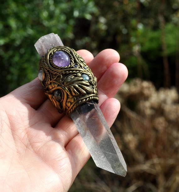 Natural Terminated Quartz Crystal Wand with Purple Aragonite + Amethyst + Moonstone  + Labradorite - Energy Tool