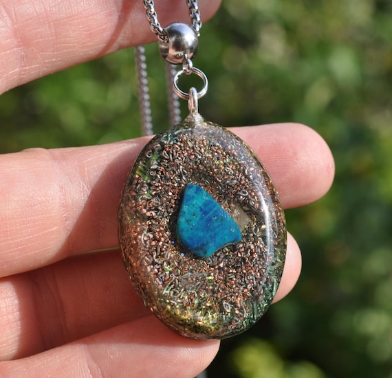 Chrysocolla Azurite Oval orgone pendant Orgonite® Stainless Steel Necklace - Unisex