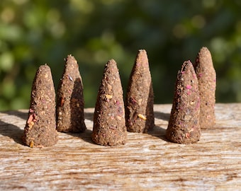 May include: Six cone-shaped incense pieces arranged in a row. Each piece has a textured, brown, earthy appearance with visible flecks of dried botanical matter, including small pink and yellow particles embedded throughout the compressed material.