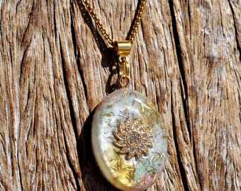 Sun Star Orgonite Pendant with Rhinestones Pastel Crystal Necklace EMF Protection Handmade Jewelry