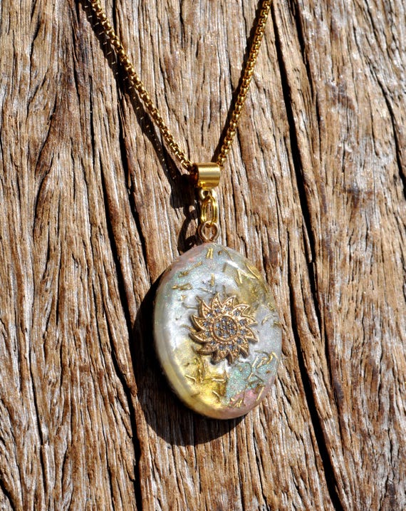 Sun Star Orgonite Pendant with Rhinestones Pastel Crystal Necklace EMF Protection Handmade Jewelry