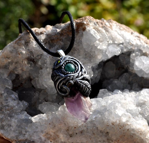 Raw Amethyst with Apatite pendant - Clay Gemstone Handsculpted Necklace
