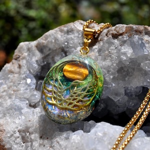 Orgonite Phoenix Pendant Necklace with Tiger’s Eye Crystal – Rebirth Jewelry