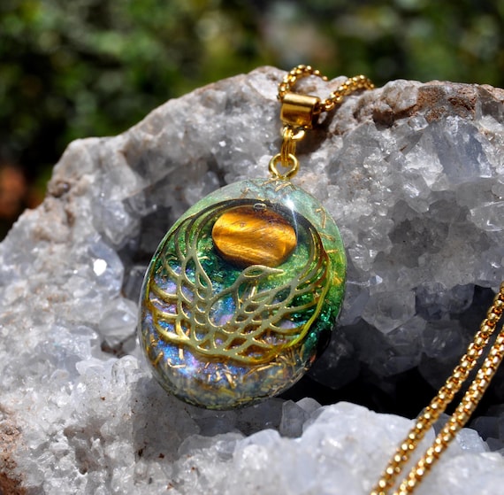 Orgonite Phoenix Pendant Necklace with Tiger’s Eye Crystal – Rebirth Jewelry