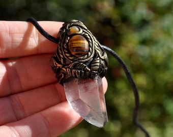 Clear Quartz Crystal Pendant with Tiger’s Eye and Agate | Gemstone Jewelry |  Spiritual Gift- Unisex