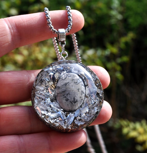 Large White Crazy Lace Agate Orgonite® Pendant with Pure Silver - Unisex Energy Balancing Necklace