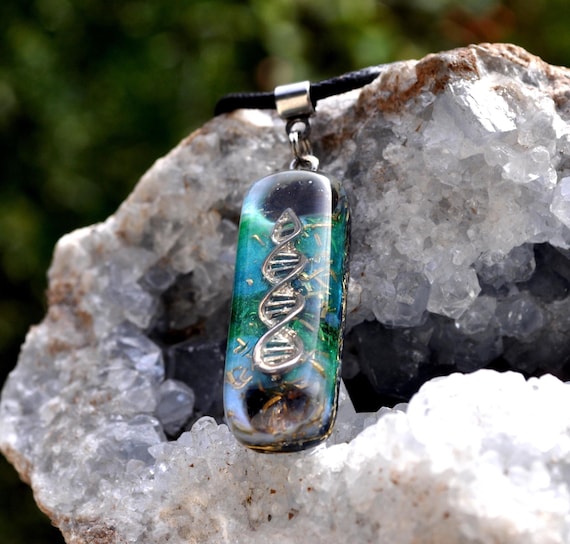 SMOKEY QUARTZ DNA Helix Blue Green Orgonite® Orgone Pendant Necklace - Oblong shape Unisex