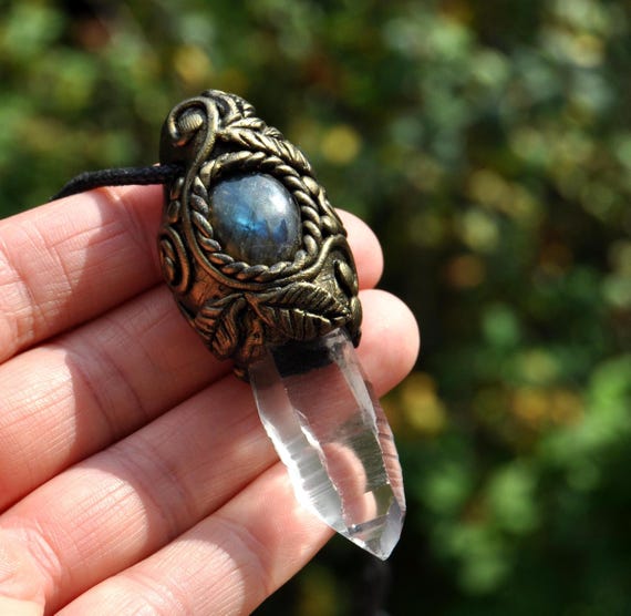 Handsculpted Lemurian Crystal with Labradorite Pendant Necklace
