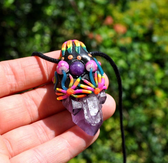 Amethyst Pendant with UV-Active Mushroom Woodland Details