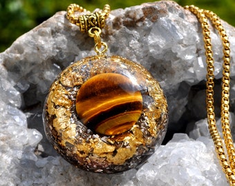 Tiger Eye Orgonite® Necklace with 24k Gold - EMF Harmonizer Protection Pendant - UNISEX