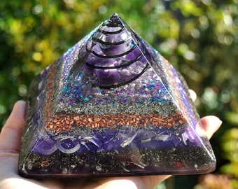 Pre-Order AMETHYST Sphere with Moldavite Orgonite® Pyramid Large - CUSTOM ORDER