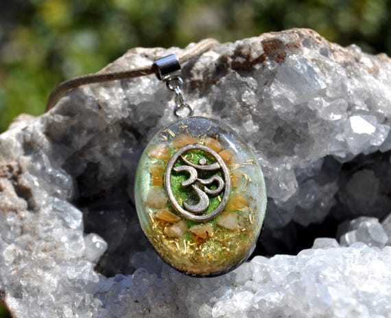 Orange Calcite with AUM Orgonite® Orgone Pendant Necklace Oval UNISEX