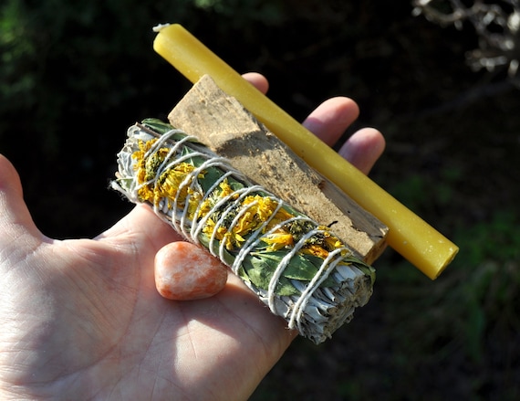 HAPPINESS Sunflower White Sage Smudge 4" Bundle, Sunstone Palo Santo and Yellow Candle
