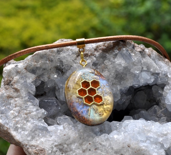 Honeycomb Necklace EMF Ogonite Oval Pendant Multicolor Unisex