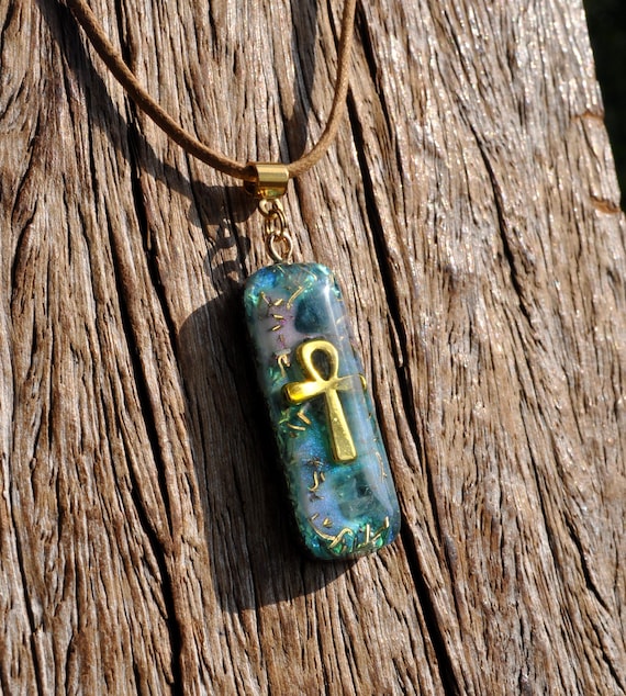Ankh Pendant with Blue Tourmaline Crystal – Egyptian Key of Life Necklace - Unisex