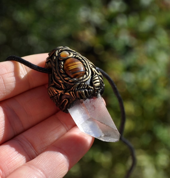 Clear Quartz Crystal Pendant with Tiger’s Eye and Agate | Gemstone Jewelry |  Spiritual Gift- Unisex