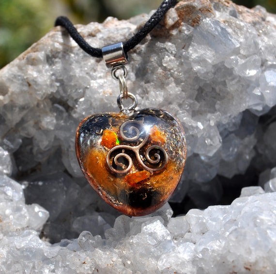 Triskelion Multicolor Orgonite® Heart Necklace with Three Orange Opals – Spiritual Symbol, Energy Healing Jewelry