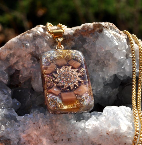 Orange Calcite Orgonite Pendant | Sun Symbol Crystal Necklace | Handmade Energy Jewelry