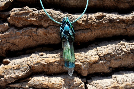 BLUE APATITE Orgonite® Crystal Woodland Pendant,  Handsculpted Clay