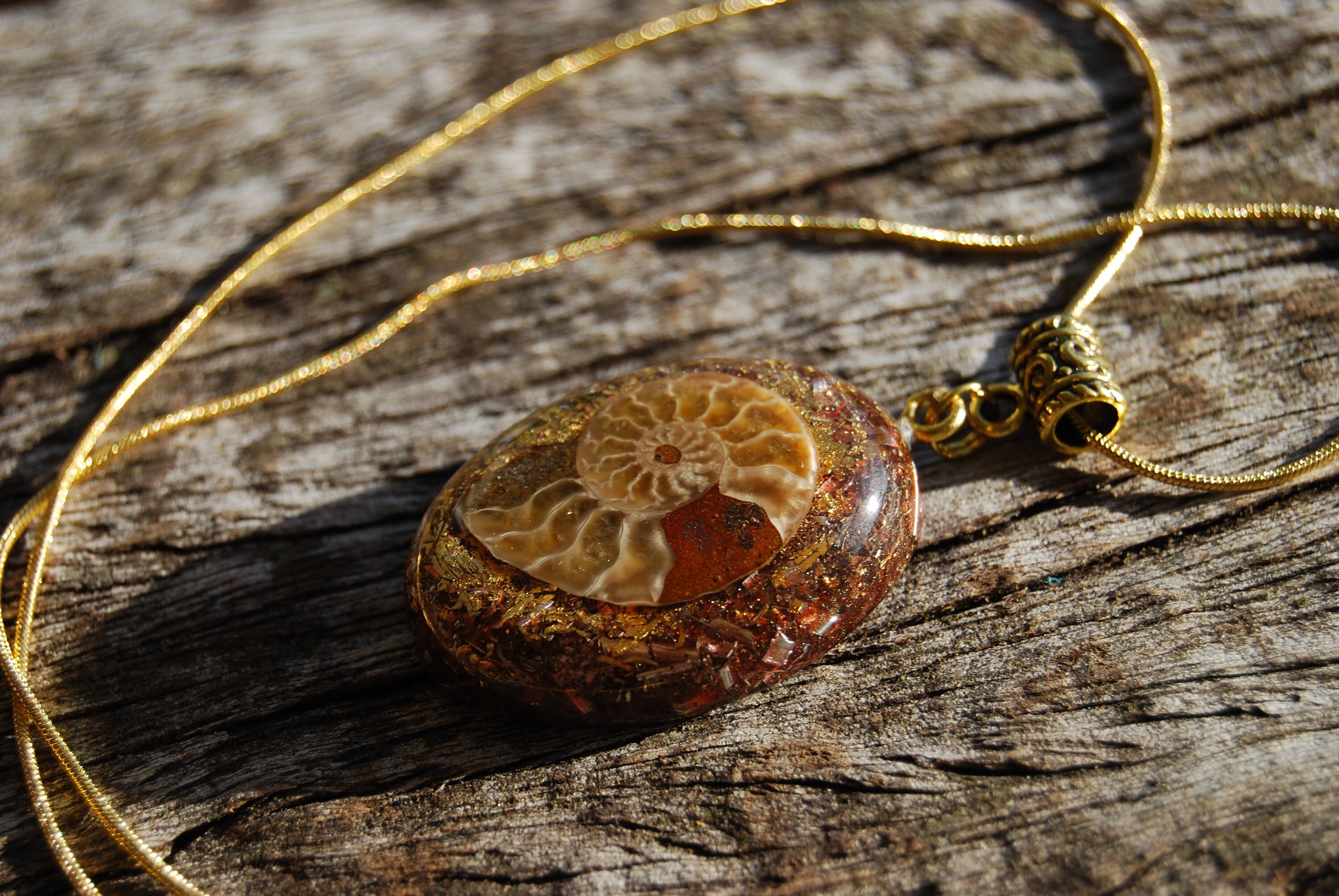 Ammonite Fossil Orgonite® Necklace with 24K leaf Gold