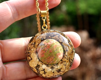 Pendentif en unakite, collier en orgonite unisexe