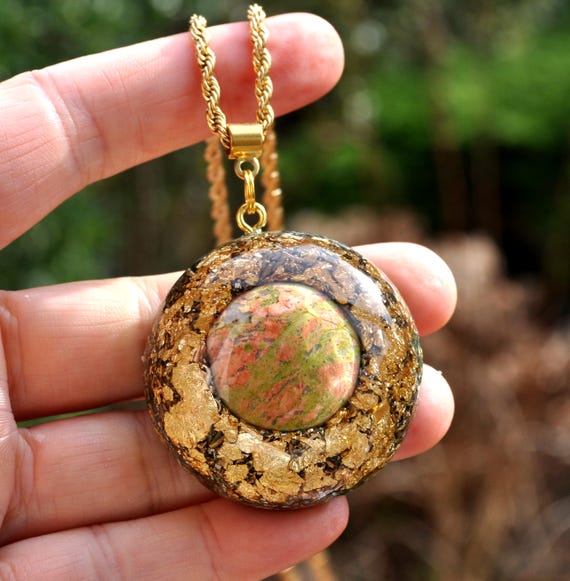 Large Unakite Orgonite® Pendant with 24K Gold