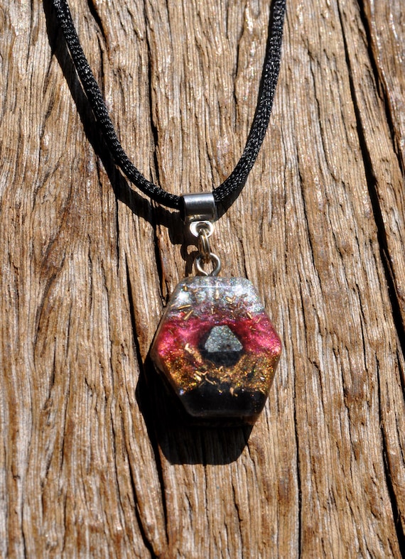 MAGNETITE Multicolor Orgonite® Orgone Pendant, Hexagonal Necklace