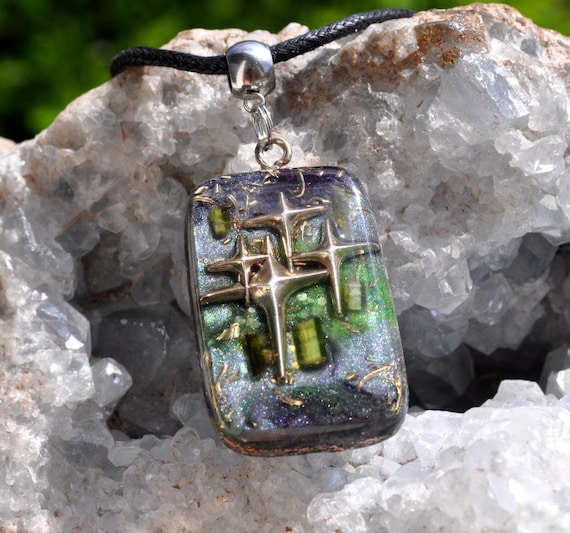 Green Tourmaline STAR Necklace Celestial Starseed Pendant Orgonite® Rectangle Shape Unisex