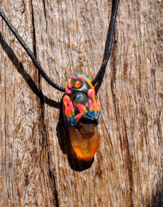 Tangerine Quartz Pendant with UV Active Mushrooms, Labradorite & Carnelian | Handmade Crystal Necklace | Adjustable Cord