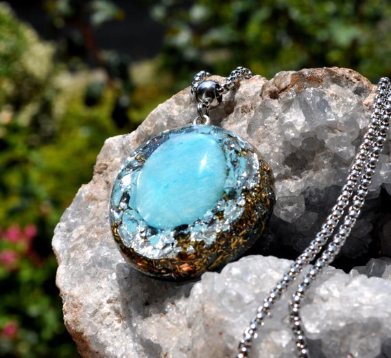 Blue Aragonite Orgonite Pendant Silver Leaf Energy Necklace