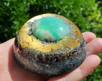 Chrysoprase Orgonite Dome, Orgone Generator, Crystal Energy Decor, EMF, Quartz, Handmade Gift