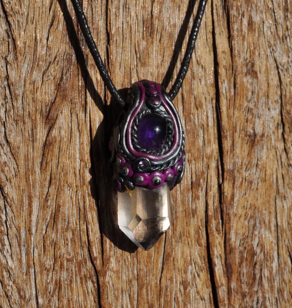 QUARTZ Point + Amethyst Necklace, Handsculpted Clay Gemstone Pendant