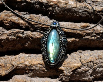 Labradorite Black Opal Pendant Necklace Marquise Stone, Unique Statement Jewelry