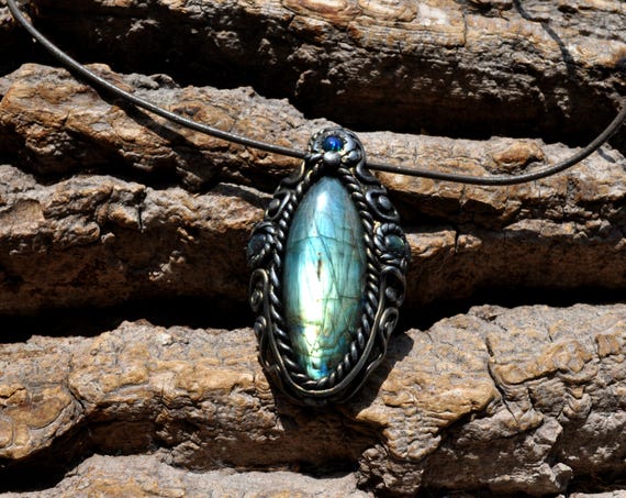 Labradorite Black Opal Pendant Necklace Marquise Stone, Unique Statement Jewelry