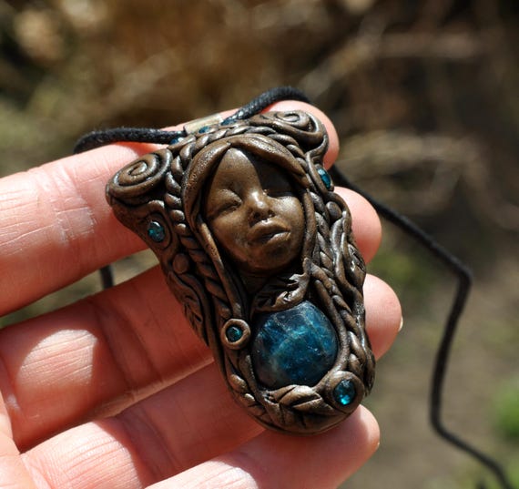 BLUE APATITE Goddess Pendant Necklace, Clay Gemstone Necklace
